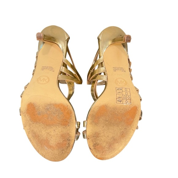 Michael Kors Ava Leather Multi Strap Buckle Zip 3.5” Heel Gold Sandal Size 7.5 - Picture 8 of 9